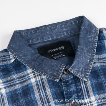 Men's Short Sleeve Denim Twill Plaid Shirt